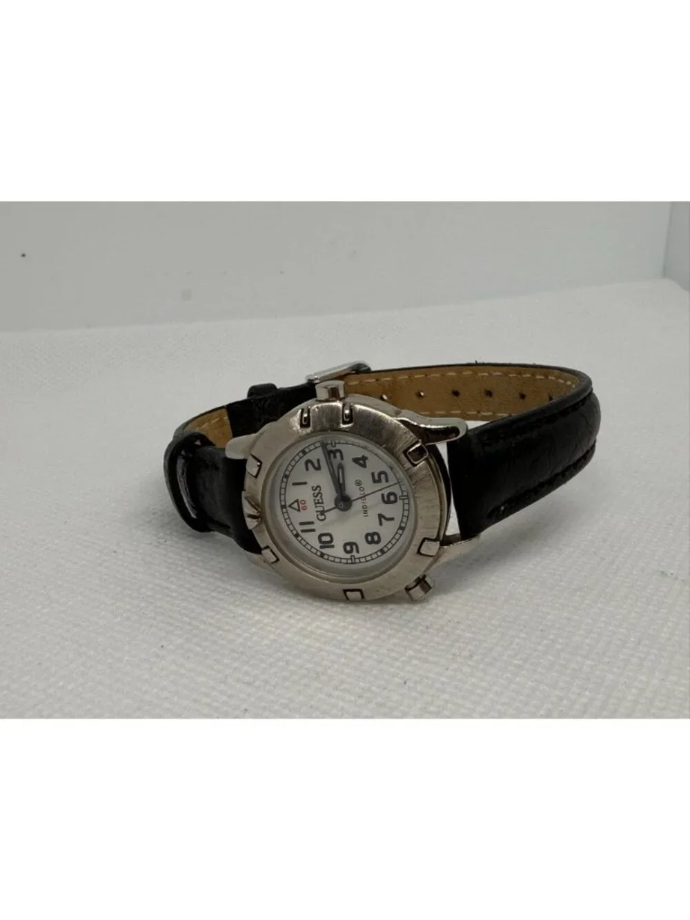GUESS Vintage 1990s Indiglo Women's Silver-Tone Watch White Dial Black Leather